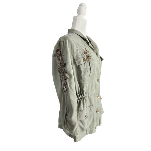 Chico's Artisan Utility Army Jacket Green Sequin Embroidery Detail Linen Large - Picture 5 of 13